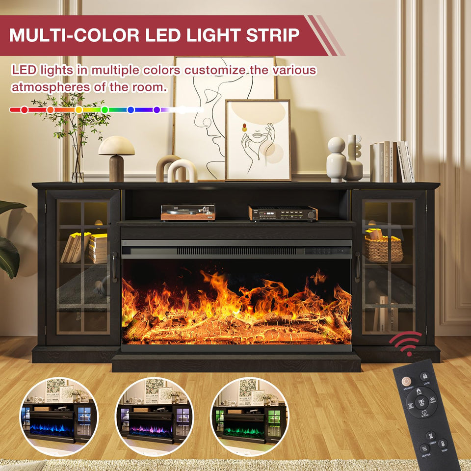 oneinmil 36 Inch 3-Sided Glass Fireplace TV Stand for TVs up to 80", Rustic Media Entertainment Center Console Table with Glass Door Closed Storage, Set of TV Table, White