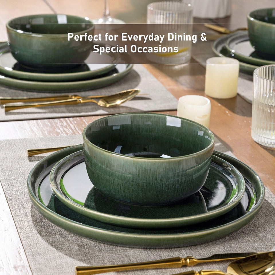 GBHOME Ceramic Dinnerware Sets for 8, 24 Pieces Stoneware Plates and Bowls Sets, Scratch Resistant Dishes, Dishwasher & Microwave Safe, Reactive Glaze-Green Wheat