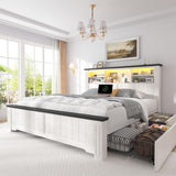 EnHomee King Size Bed Frame and Headboard & Storage, 4 Drawers and LED Built in Charging Station King Bed Frame with Storage Farmhouse,NO Noise,No Box Spring Needed,White