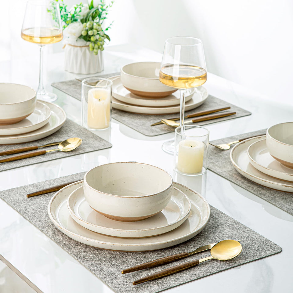 AmorArc Ceramic Dinnerware Sets for 8, 24 Pieces Handpainted Plates and Bowls Set with Rustic Terracotta Underside, Scratch Resistant Stoneware Dishes Set, Dishwasher & Microwave Safe, Light Beige