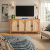 Walker Edison Sasha 4-Door Reeded Sideboard Buffet with Cord Management, 70 Inch, Coastal Oak