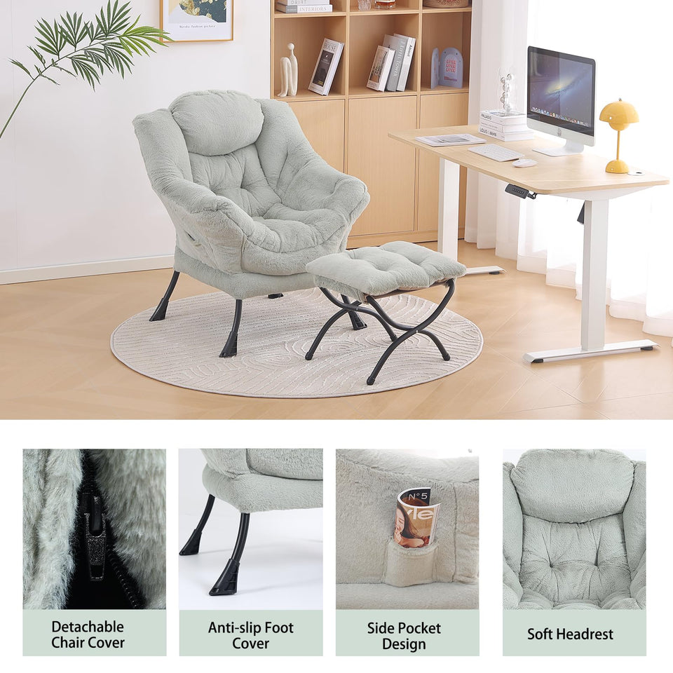 LITA Lazy Chair with Ottoman, Modern Accent Leisure Upholstered Lazy Sofa Armchair, Contemporary Lounge Reading Chair with Armrests and a Side Pocket for Living Room, Bedroom & Small Space, Dark Grey