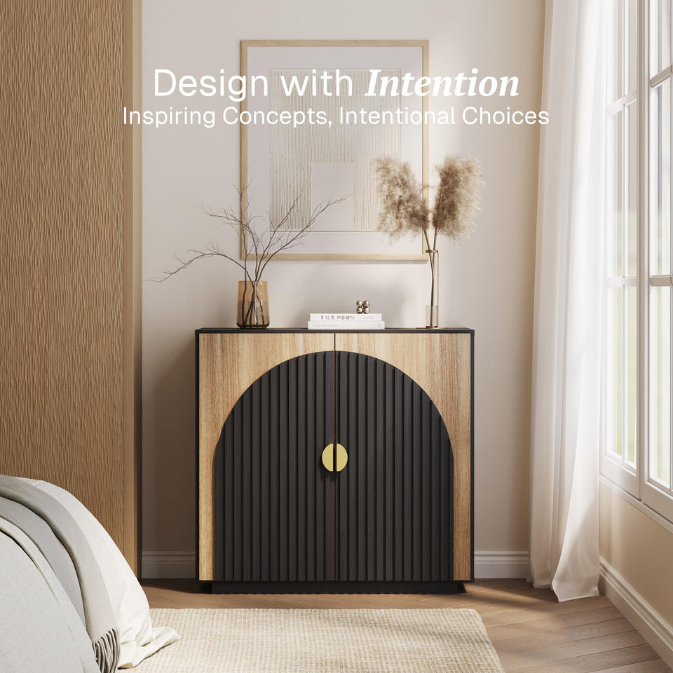 BELLEZE 65 Inch Fluted Buffet Cabinet with Storage, Symmetrical Arc Accent Sideboard Large Console Table for Dining Room, Kitchen, and Living Room (Caramel Brown)