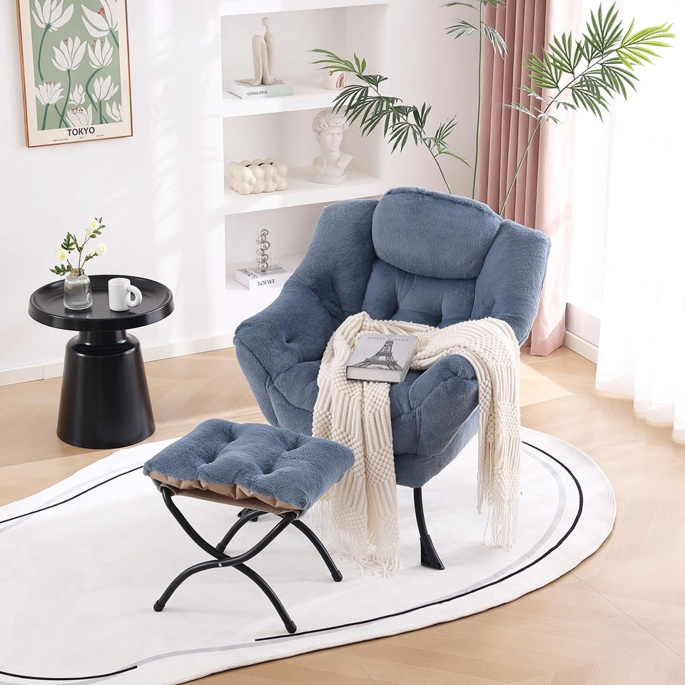 Welnow Lazy Chair with Ottoman, Modern Lounge Accent Chair with Armrests and a Side Pocket, Leisure Sofa Armchair, Reading Armchair with Footrest for Small Space, Dark Grey