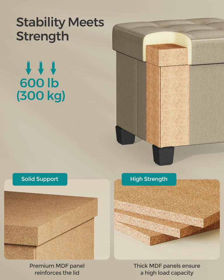 SONGMICS 15 Inches Cube Storage Ottoman, Bedroom Bench with Storage, Foot Stool with Feet, Holds Up to 660 lb, Dark Gray ULSF14GYZ