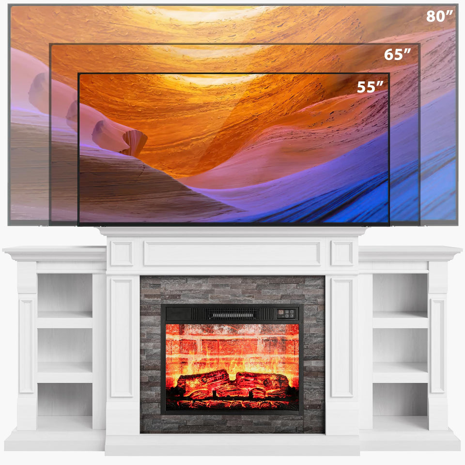80" Fireplace TV Stand for TVs Up to 90 Inch, Electric Fireplace with Mantel, Farmhouse Entertainment Center with Storage, Realistic Stacked Stone Surround with Remote Control for Living Room