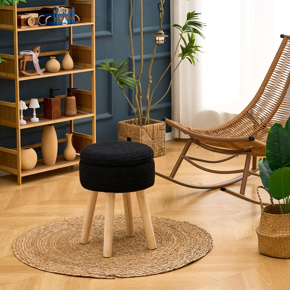 Wimarsbon Pouf Ottoman, 100% Cotton Knitted Boho Footstool, Round Footrest with Non-Skid Wood Legs, Home Décor Handmade Pouffe, Leisure Floor Step Stool for Living Room (Beige)