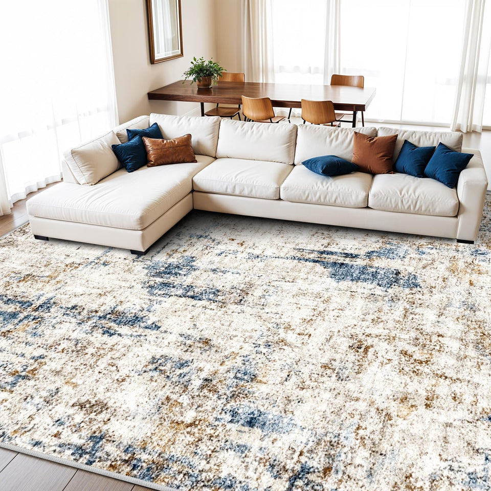 12x15 Area Rug for Living Room – Large Modern Neutral Abstract Thin Washable Carpet, Soft Low Pile Non-Slip Stain-Resistant for Bedroom Dining Room Home Office (Beige Grey)