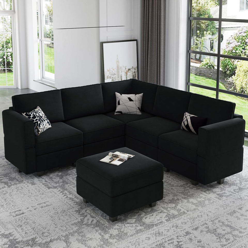 Belffin Modular Sectional Sofa with Ottomans Velvet Reversible Sleeper Chaise Bed Storage Seat Black