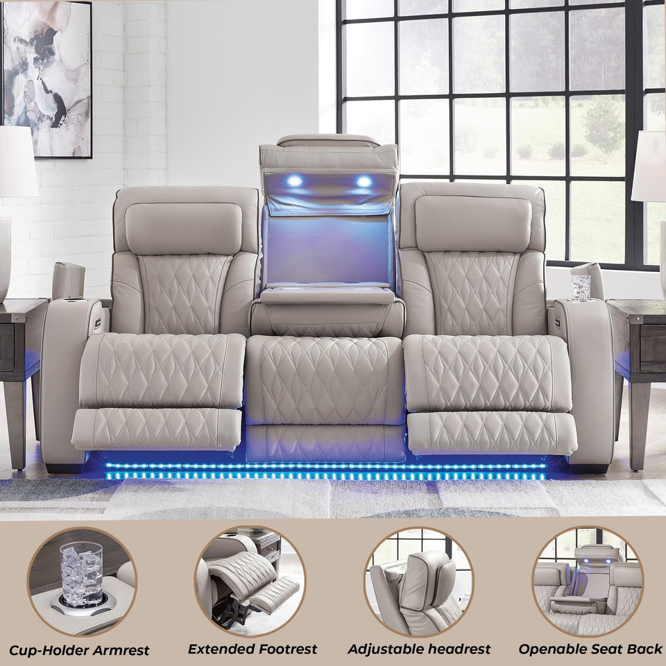 Signature Design by Ashley Boyington Contemporary Leather Match Power Reclining Sofa with USB Charging Ports, LED Lights and Adjustable Headrest, Light Gray