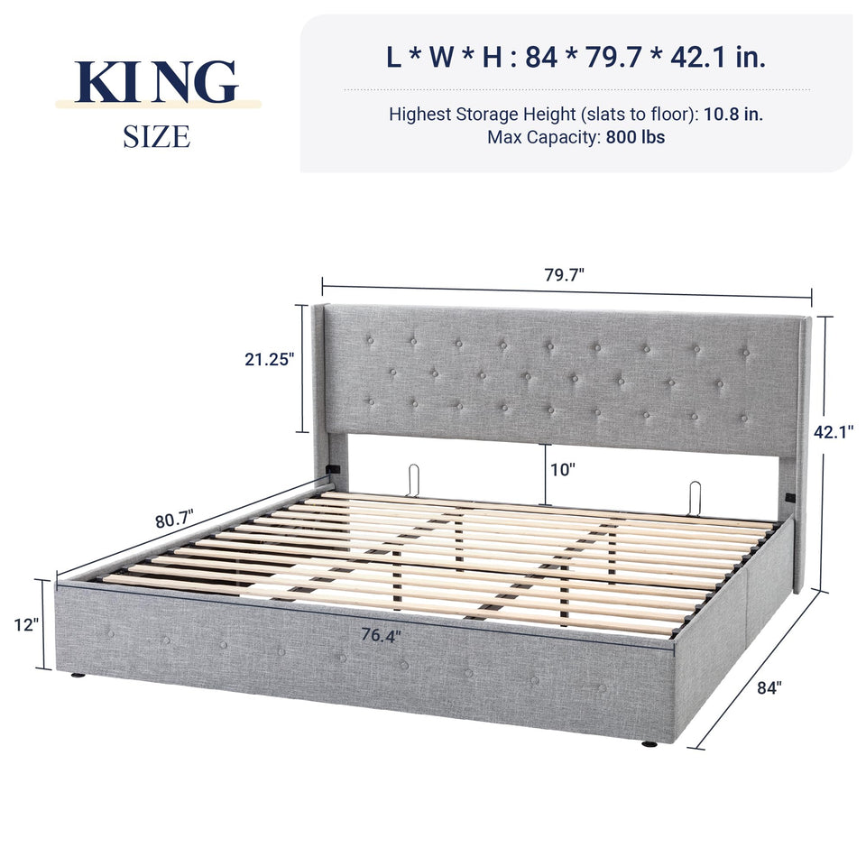 Allewie King Size Lift Up Storage Bed, Modern Wingback Headboard, Hydraulic Support, No Box Spring Needed, Light Beige