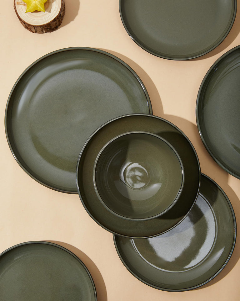 Pokini 24 Piece Dinnerware Sets for 8, Modern Stoneware Plates and Bowls Setst, Perfect for Family Gatherings & Holiday Celebrations, Easy Cleaning Dishes Set, Stack Compactly Dishware, Brown Green