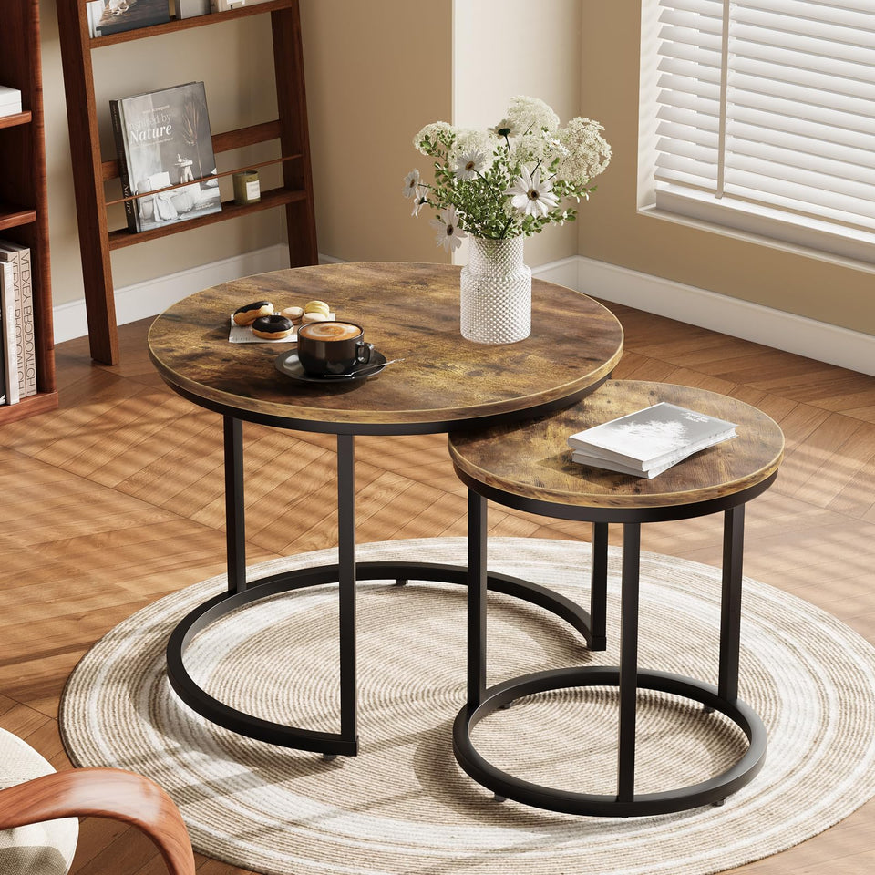 Smuxee Nesting Coffee Table Set of 2, 23.6" Round Coffee Table Wood Grain Top with Adjustable Non-Slip Feet, Industrial End Table Side Tables for Living Room Bedroom Balcony Yard
