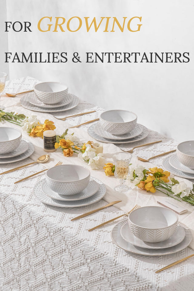 FOBENTA 24 Piece Dinnerware Sets for 8, Premium Stoneware Plates and Bowls Sets, Microwave & Dishwasher Safe, Elegant Dishes for Entertaining & Special Occasions – A Stunning Gift for Large Families