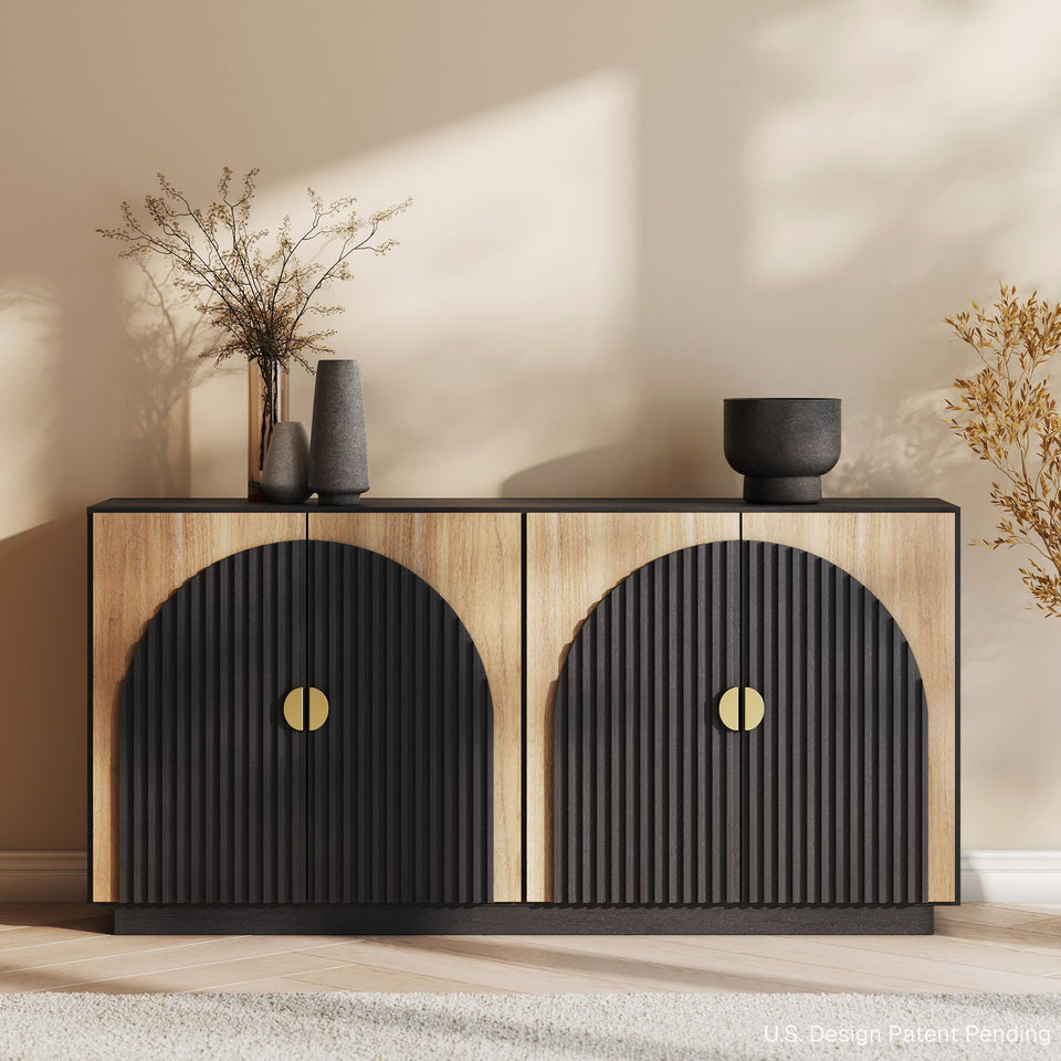 BELLEZE 65 Inch Fluted Buffet Cabinet with Storage, Symmetrical Arc Accent Sideboard Large Console Table for Dining Room, Kitchen, and Living Room (Caramel Brown)