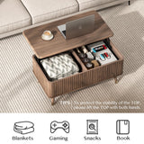 JOINICE, Round Coffee Table with Storage, Mid Century Modern Center Table with Sliding Cabinet Door, Fluted Dining Table for Living Room, Home Small Space, 31.5", Walnut