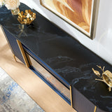 OKD Luxury 70" Fluted TV Stand, Modern Chic Entertainment Center for TVs Up to 80 inches, TV Console with Faux Marble Top, Curved Profile Design, Media Console for Living Room, Natural Oak