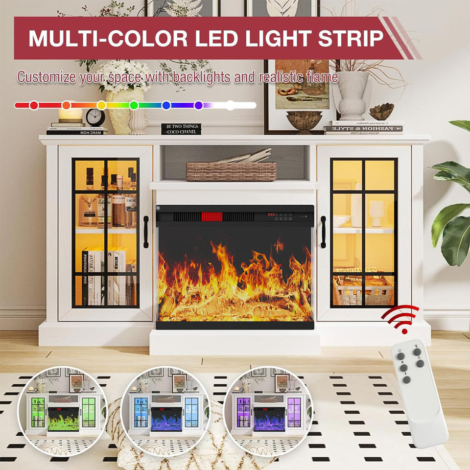 oneinmil 36 Inch 3-Sided Glass Fireplace TV Stand for TVs up to 80", Rustic Media Entertainment Center Console Table with Glass Door Closed Storage, Set of TV Table, White