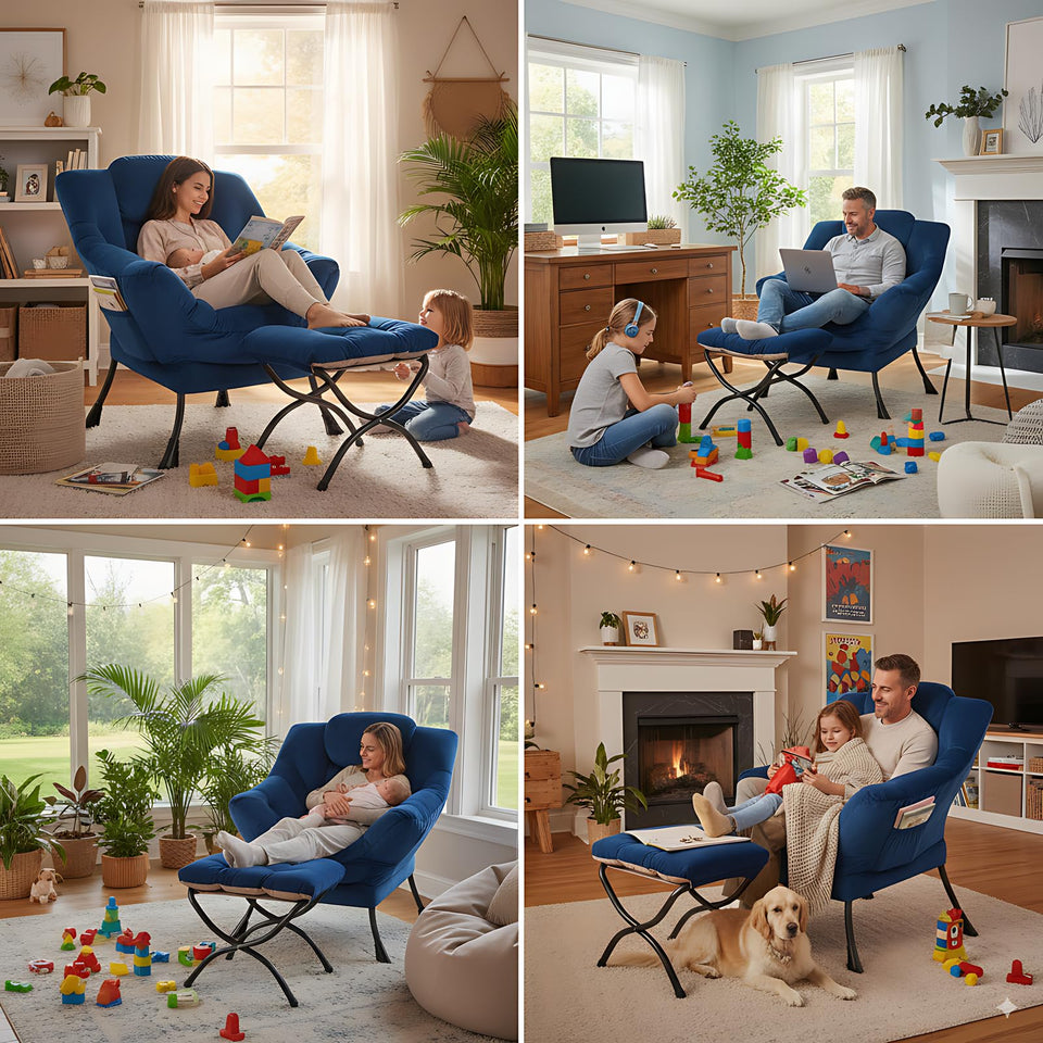 LITA Lazy Chair with Ottoman, Modern Accent Leisure Upholstered Lazy Sofa Armchair, Contemporary Lounge Reading Chair with Armrests and a Side Pocket for Living Room, Bedroom & Small Space, Dark Grey