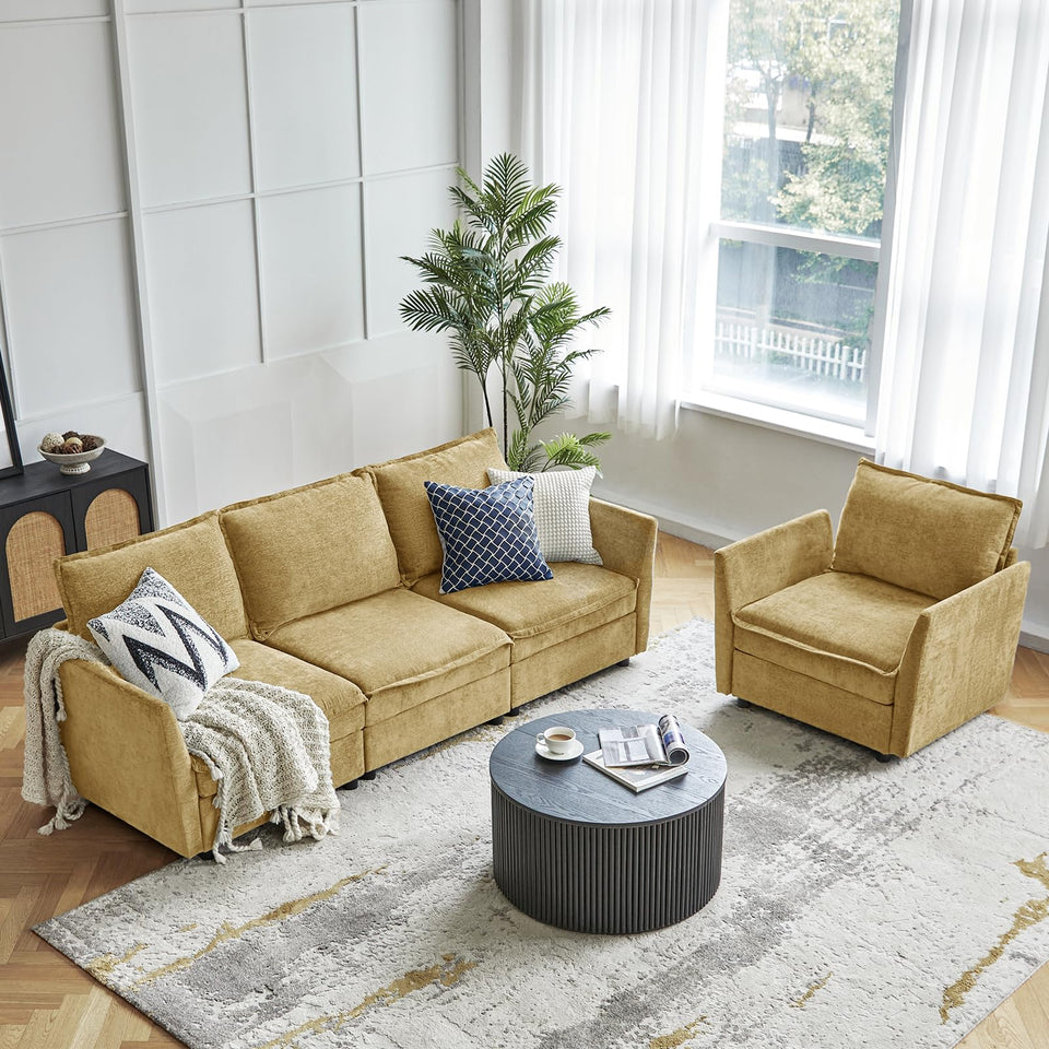 HULALA HOME 127'' Modular Sectional Sofa, Oversized U Shaped Couch with Storage Ottoman, Comfy Chenille Sofa with Deep Seat, 6 Seat Convertible Couches for Living Room, Beige