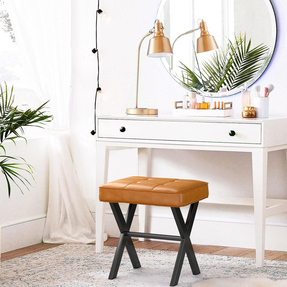 LUE BONA Square Linen Makeup Stool, Metal X Legs, Small Ottoman Stool Chair for Vanity, Modern Padded Seat Foot Rest for Makeup Room, Bathroom