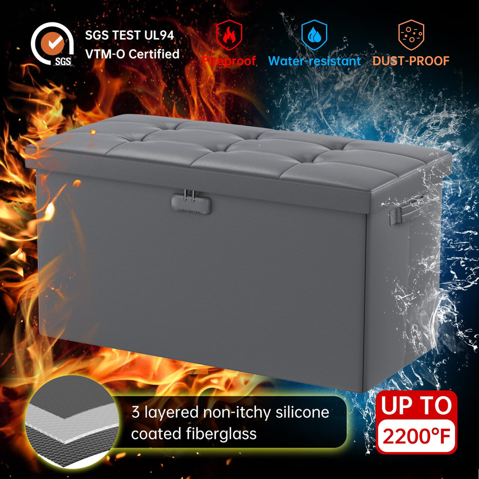 DocSafe Storage Ottoman with Lock,Fireproof Folding Ottoman Foot Rest Stool Storage Chest with Storage Safe for Important Documents,Waterproof 17 Inches Short Ottoman Foot Stool with Handles,Black