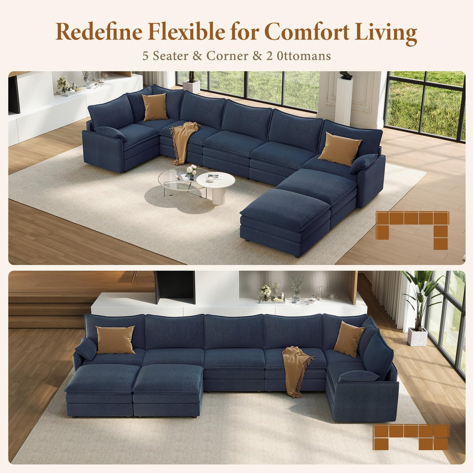 Vesgantti 142" U Shaped Sectional Couch, Comfy Cloud Modular Sectional Sofa with 2 Ottoman Deep Seat Chenille Modern Cloud Sofa, Modular Sofas for Living Room, Bedroom and Apartment, Beige