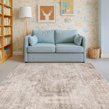 Neutral Living Room Rug - 10x14 Farmhouse Beige Brown Large Area Rug for Dining Room, Bedroom, Low Pile Lightweight Washable