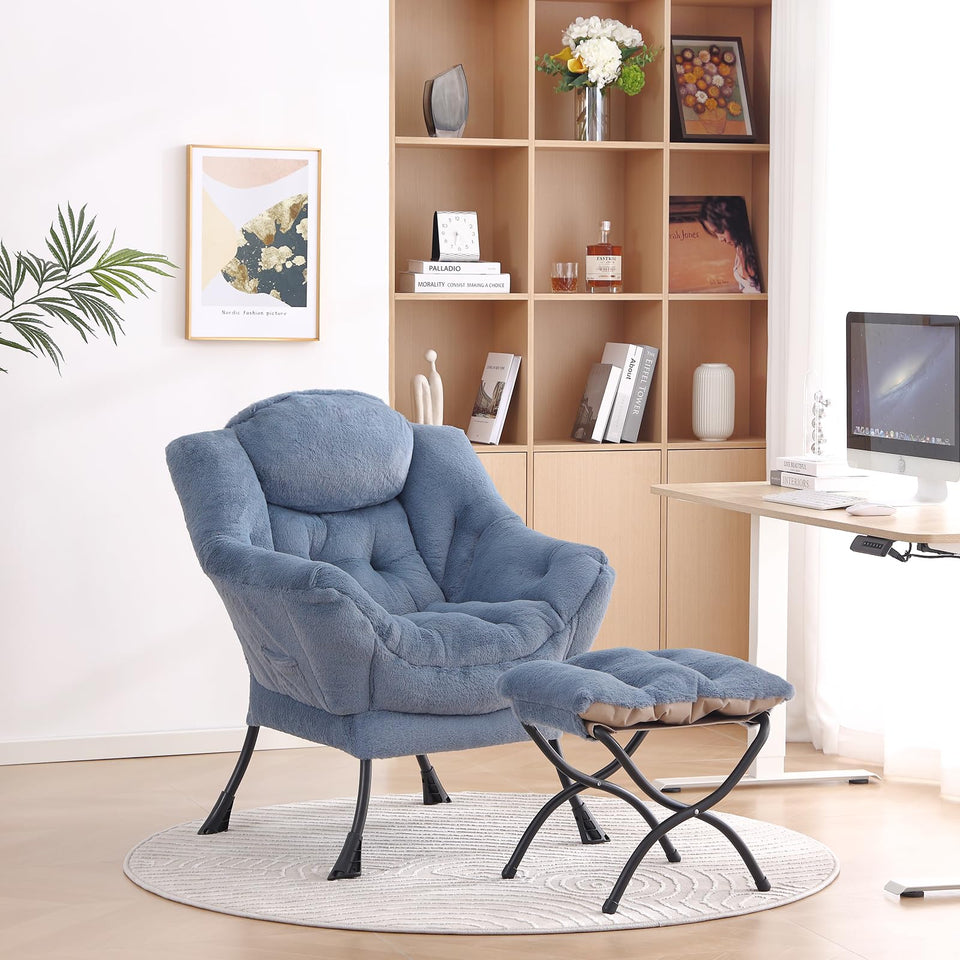 LITA Lazy Chair with Ottoman, Modern Accent Leisure Upholstered Lazy Sofa Armchair, Contemporary Lounge Reading Chair with Armrests and a Side Pocket for Living Room, Bedroom & Small Space, Dark Grey