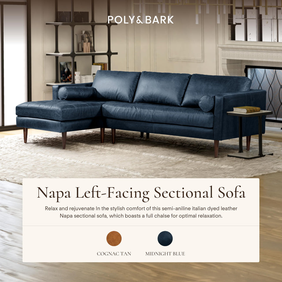 POLY & BARK Napa 72" Apartment Sofa – Italian-Tanned Full-Grain Pure-Aniline or Semi-Aniline Leather, Feather-Down Cushioning, Kiln-Dried Solid Wood Frame, Walnut Legs - Cognac Tan