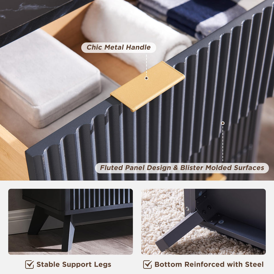 T4TREAM Fluted 7 Drawers Dresser, 54" Wide Modern Chest of Drawers with Faux Marble Top, Curved Profile Design, Dresser TV Stand, Wood Drawer Organizer for Bedroom, Living Room, Hallway, Natural Oak