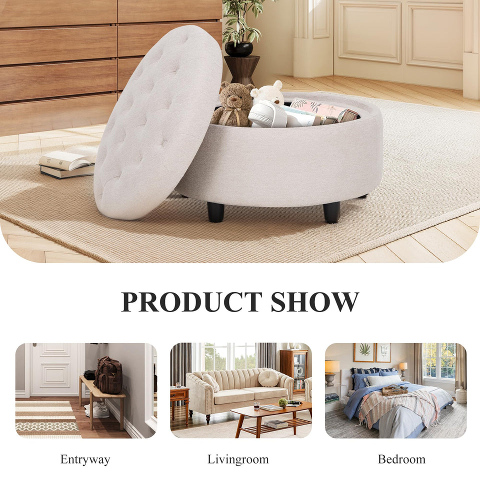COLAMY Fabric Round Storage Ottoman with Reversible Tray Lid – Multi-Functional Footrest, Hidden Storage, Sturdy & Stylish Small Coffee Table for Living Room, Bedroom, or Entryway(Beige)