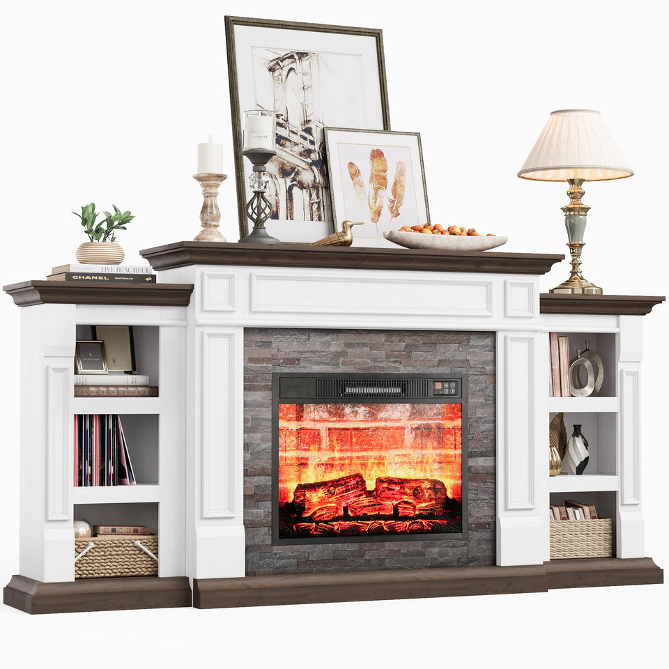 LGHM 72" Electric Fireplace with Mantel, Fireplace TV Stand for TVs Up to 80 Inch, Modern Entertainment Center with Storage, Realistic Stacked Stone Surround with Remote Control for Living Room