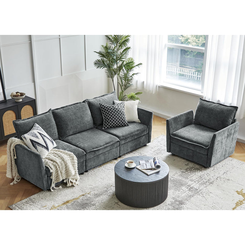 HULALA HOME 127'' Modular Sectional Sofa, Oversized U Shaped Couch with Storage Ottoman, Comfy Chenille Sofa with Deep Seat, 6 Seat Convertible Couches for Living Room, Beige