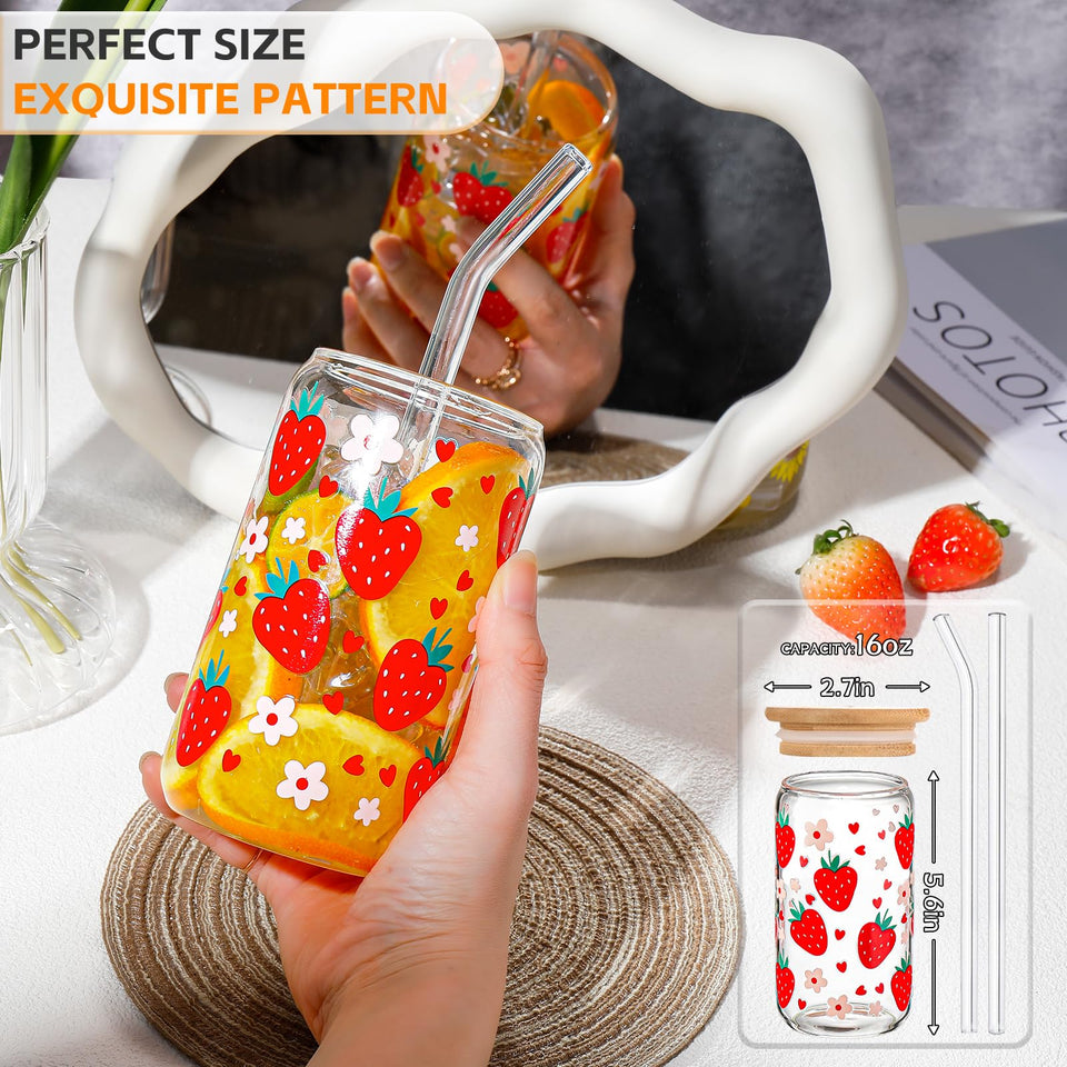 DWTS DANWEITESI Glass Cups with Lids and Straws 4 pcs,16oz Drinking Glasses Set for Coffee Bar Accessories,Iced Coffee Cups with Lids,Matcha Cup Glass Tumbler Reusable for Gifts