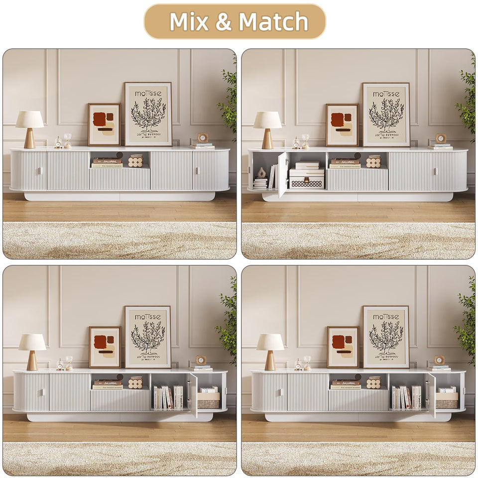 UKAOCAI 86.61'' Tambour TV Stand for 55-85 Inch, Modern Entertainment Center with Large Storage Cabinet & Open Shelves, TV Console with Sliding Doors for Living Room, Bedroom, Natural