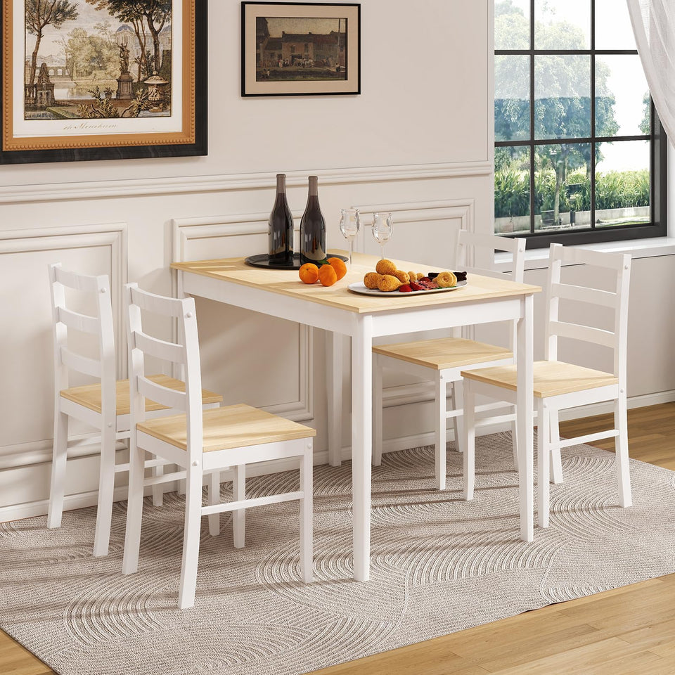 POWERSTONE Dining Table Set for 4, Kitchen Table Chairs Set of 4 with Rubber Wood Legs, Farmhouse 5 Piece Dining Table Set Solid Wood for Kitchen Dining Room Dinner (Brown)