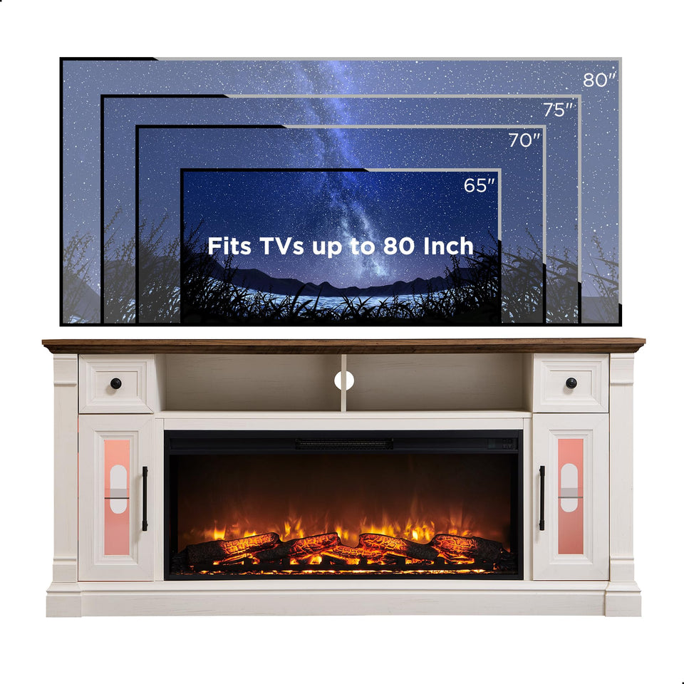 OKD Fireplace TV Stand for 80 Inch TV - Farmhouse Entertainment Center with 42" Electric Fireplace & LED Lights, Wood Media Console with Storage Drawers & Cabinets for Living Room, Antique White