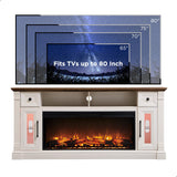 OKD Fireplace TV Stand for 80 Inch TV - Farmhouse Entertainment Center with 42" Electric Fireplace & LED Lights, Wood Media Console with Storage Drawers & Cabinets for Living Room, Antique White