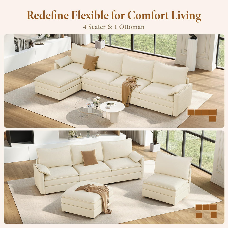 Vesgantti 142" U Shaped Sectional Couch, Comfy Cloud Modular Sectional Sofa with 2 Ottoman Deep Seat Chenille Modern Cloud Sofa, Modular Sofas for Living Room, Bedroom and Apartment, Beige