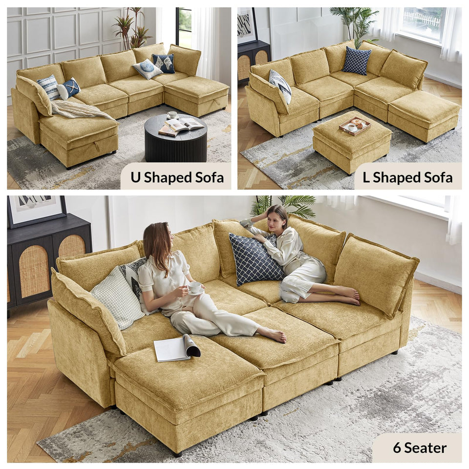 HULALA HOME 127'' Modular Sectional Sofa, Oversized U Shaped Couch with Storage Ottoman, Comfy Chenille Sofa with Deep Seat, 6 Seat Convertible Couches for Living Room, Beige