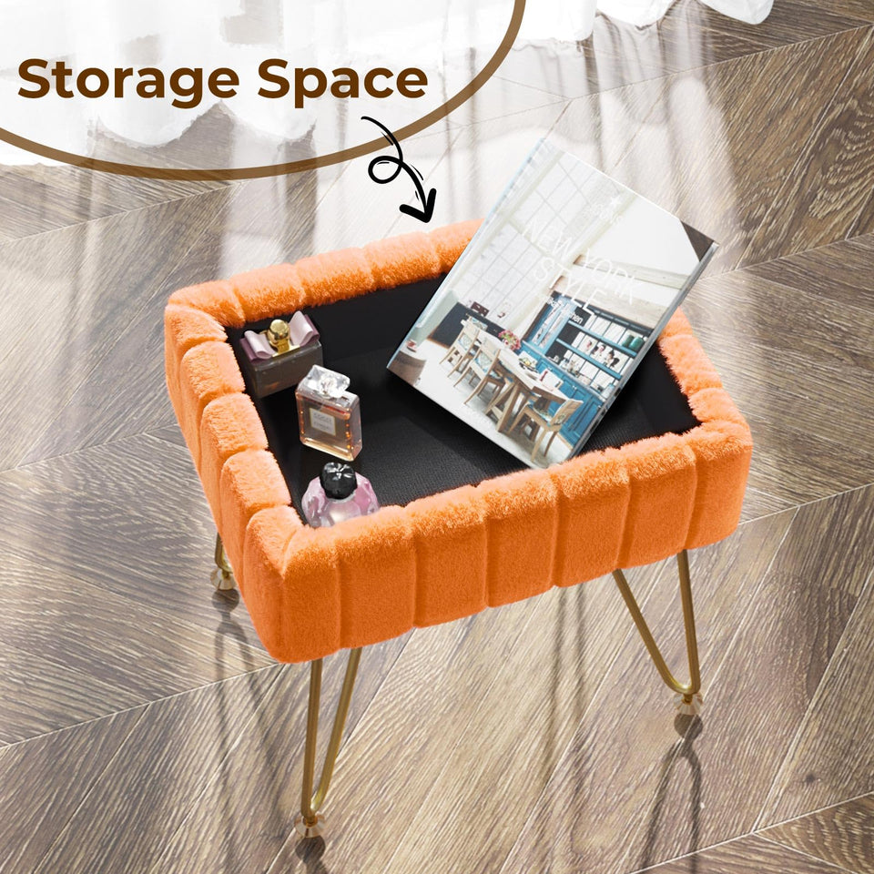 Greenstell Vanity Stool Chair Faux Fur with Storage, 15.7"L x 11.8"W x 19.4"H Soft Ottoman 4 Metal Legs with Anti-Slip Feet, Furry Padded Seat, Modern Multifunctional Chairs for Makeup, Bedroom Pink