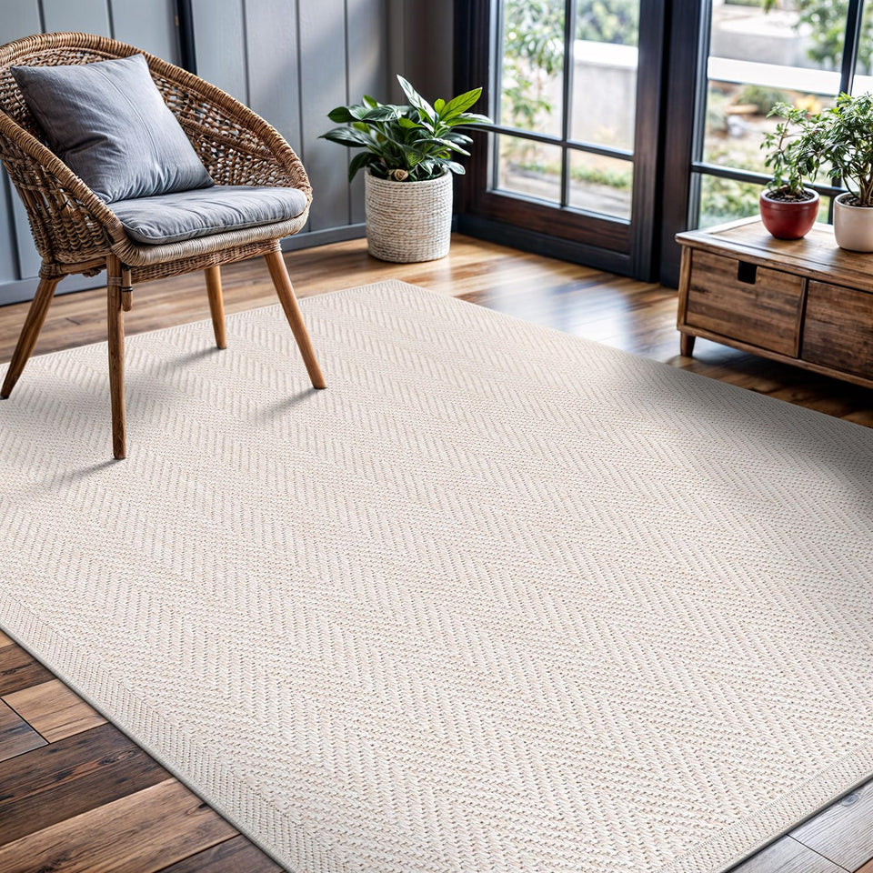 CAMILSON Easy Jute Rug 10x14, Indoor Outdoor Natural Color Fiber Area Rugs for Living Room Patio and Kitchen Rug Herringbone Woven Design Easy-Cleaning Washable Outside Carpet Alfombras 10 x 14