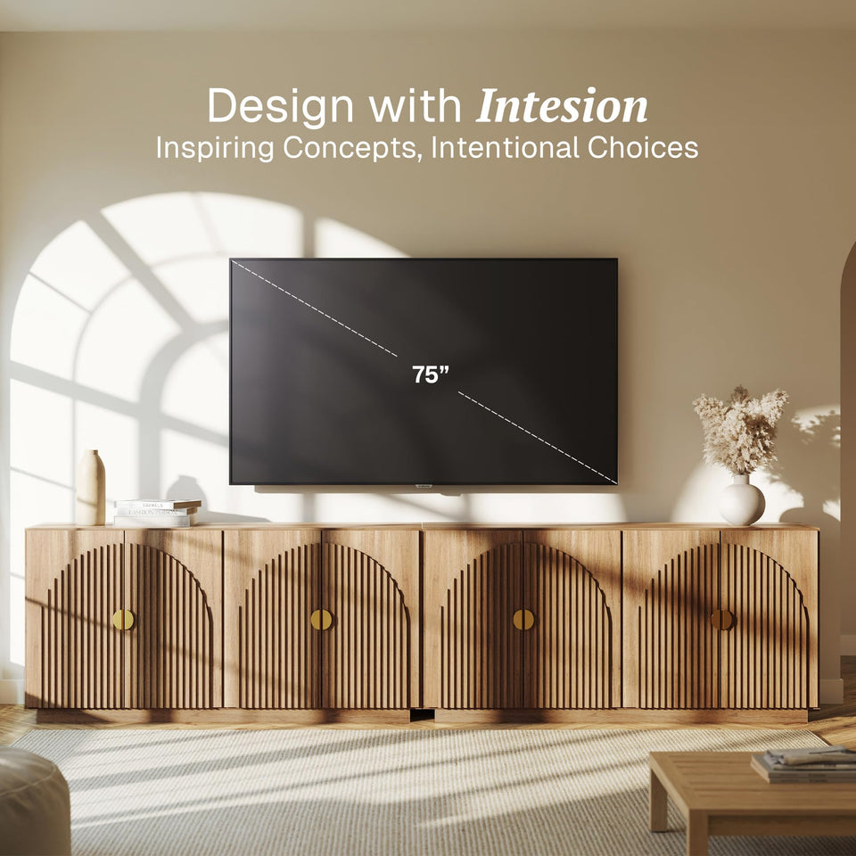 BELLEZE 65 Inch Fluted Buffet Cabinet with Storage, Symmetrical Arc Accent Sideboard Large Console Table for Dining Room, Kitchen, and Living Room (Caramel Brown)