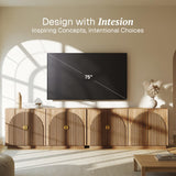 BELLEZE 65 Inch Fluted Buffet Cabinet with Storage, Symmetrical Arc Accent Sideboard Large Console Table for Dining Room, Kitchen, and Living Room (Caramel Brown)