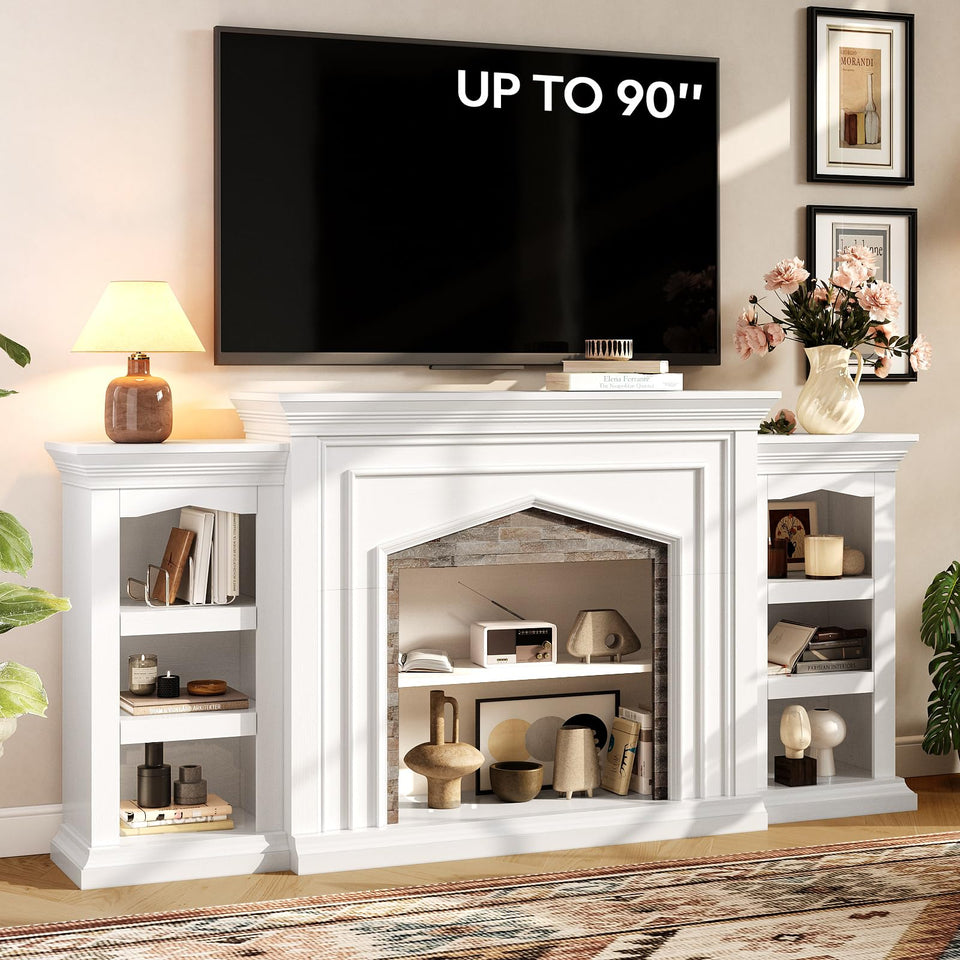 LGHM 72" Electric Fireplace with Mantel, Fireplace TV Stand for TVs Up to 80 Inch, Modern Entertainment Center with Storage, Realistic Stacked Stone Surround with Remote Control for Living Room