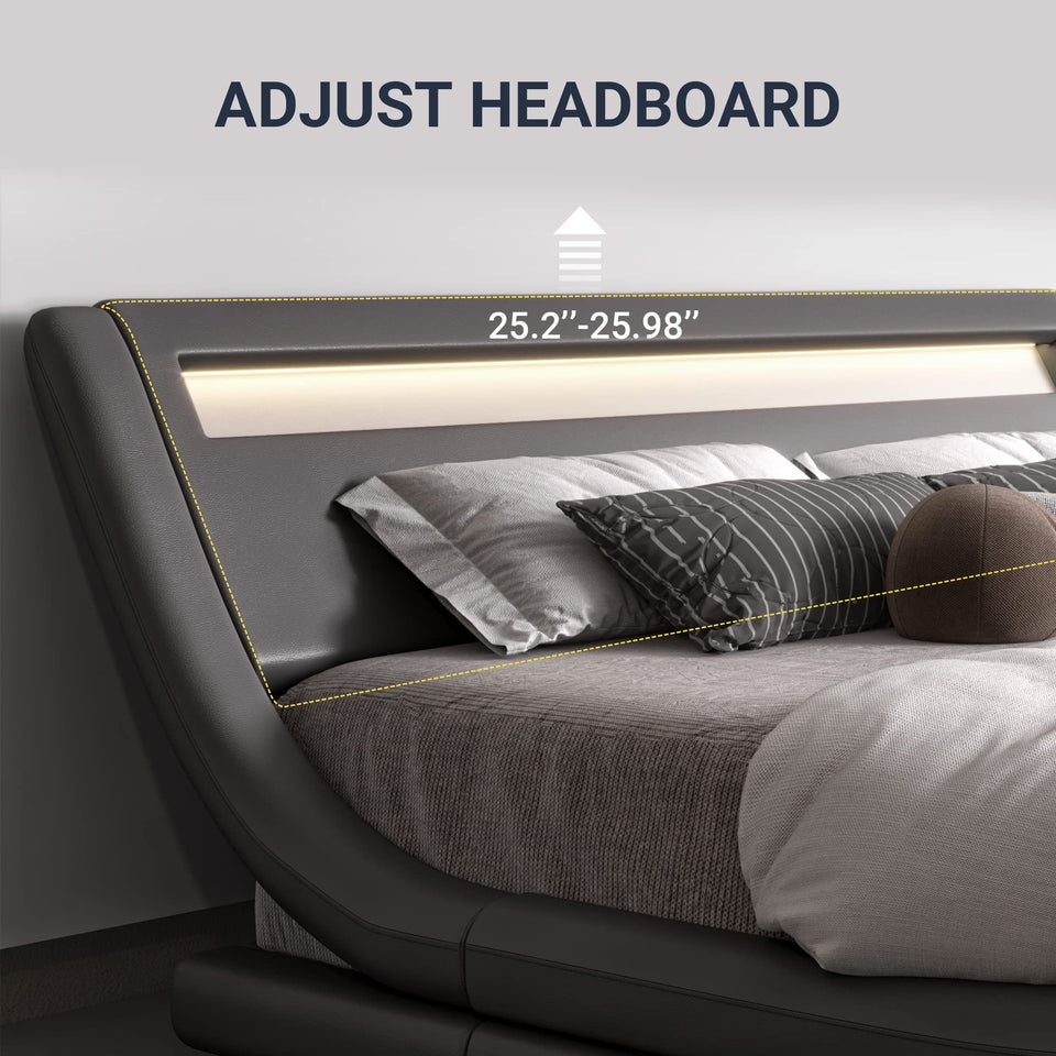 Allewie Queen Size LED Platform Bed Frame with Adjustable Headboard/No Box Spring Need/Easy Assembly/Faux Leather in Black