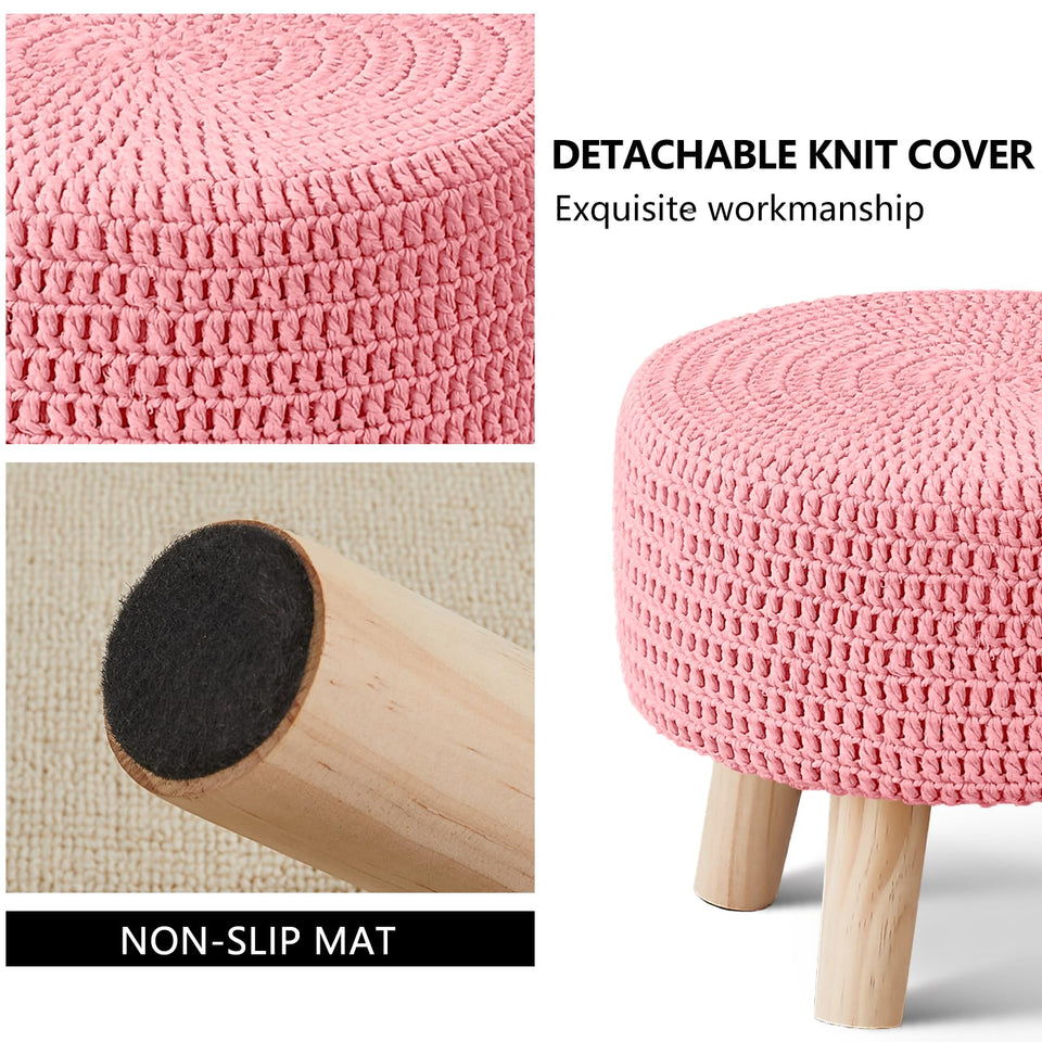 Wimarsbon Pouf Ottoman, 100% Cotton Knitted Boho Footstool, Round Footrest with Non-Skid Wood Legs, Home Décor Handmade Pouffe, Leisure Floor Step Stool for Living Room (Beige)