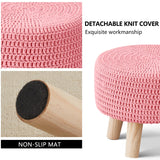 Wimarsbon Pouf Ottoman, 100% Cotton Knitted Boho Footstool, Round Footrest with Non-Skid Wood Legs, Home Décor Handmade Pouffe, Leisure Floor Step Stool for Living Room (Beige)