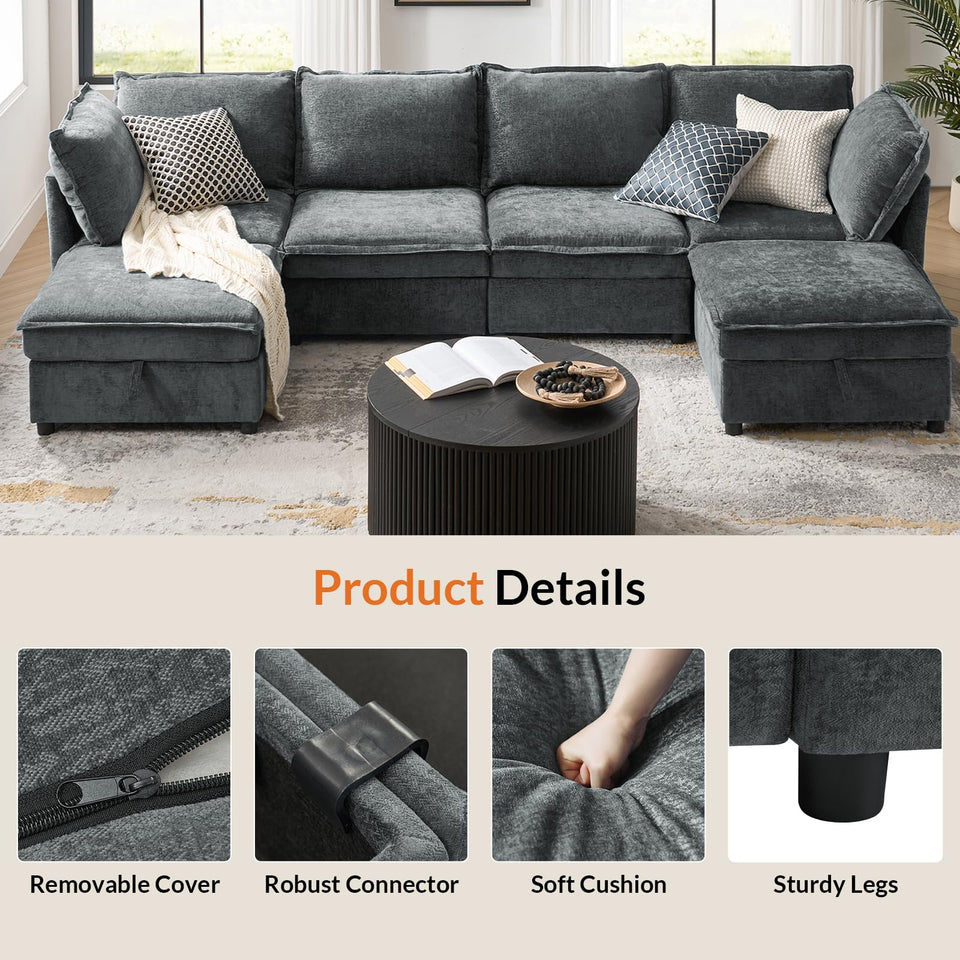 HULALA HOME 127'' Modular Sectional Sofa, Oversized U Shaped Couch with Storage Ottoman, Comfy Chenille Sofa with Deep Seat, 6 Seat Convertible Couches for Living Room, Beige